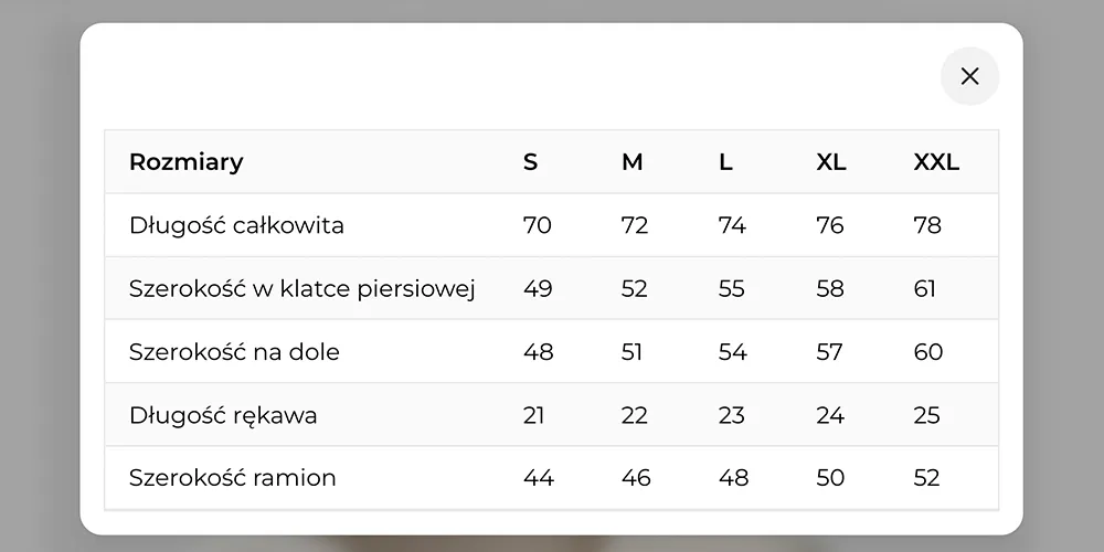 Tabela rozmiarów (popup)